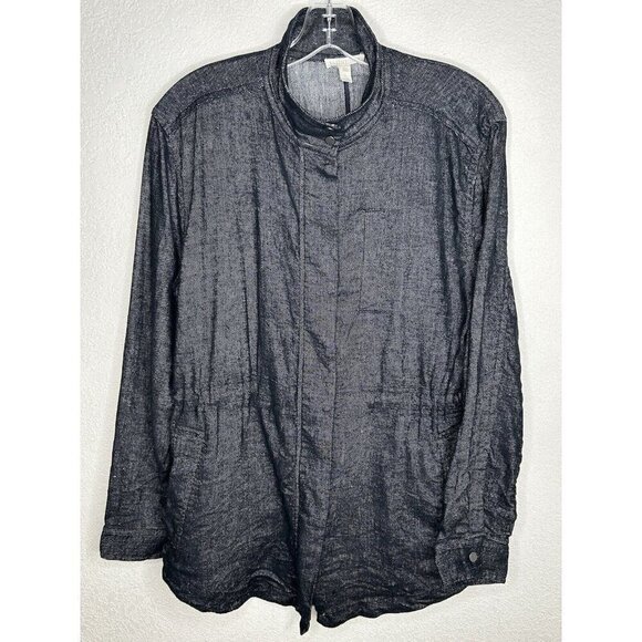 Eileen Fisher Jacket Medium Black Linen Blend Speckled Lightweight Snaps Zip Up - Picture 2 of 11